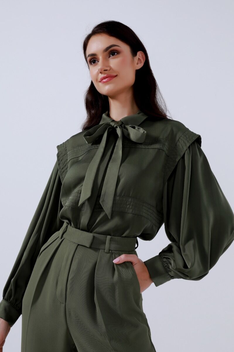 Satin self-tie neckline blouse